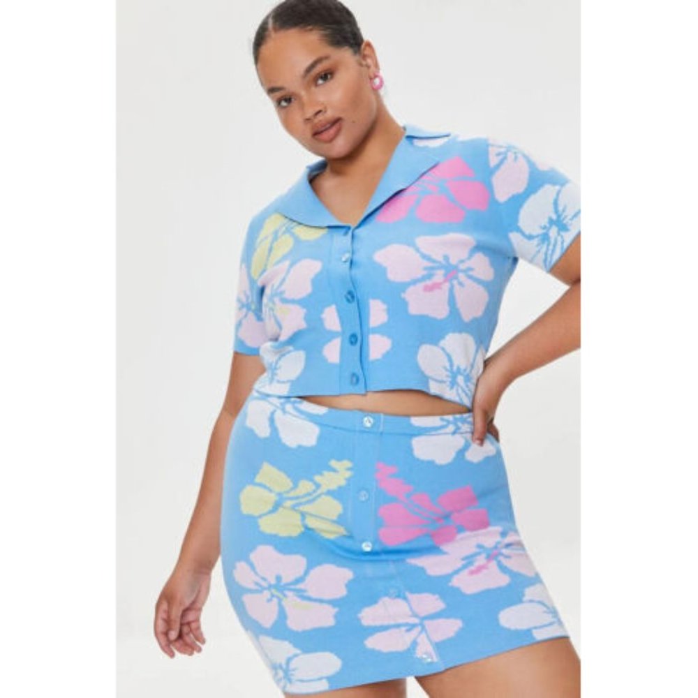 Floral Print Cardigan Sweater Top & Skirt OUTFIT SET Women PLUS SIZE 2X barbie